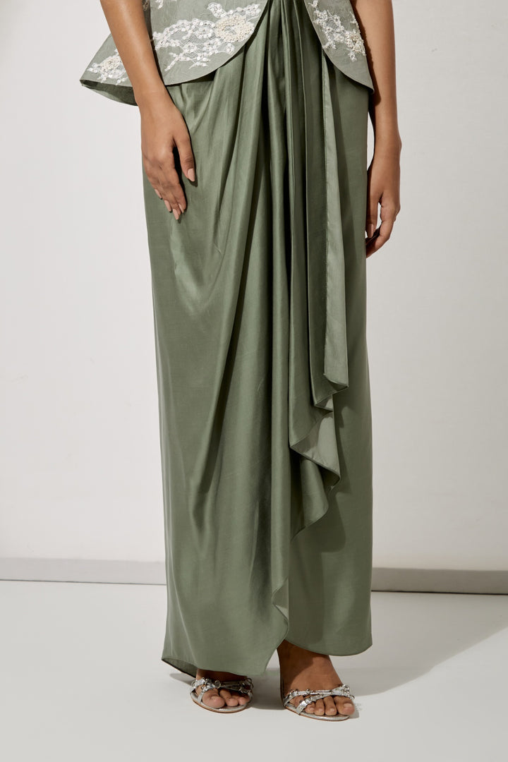 Sage Foil Silk Top &amp; Draped Satin Skirt Set