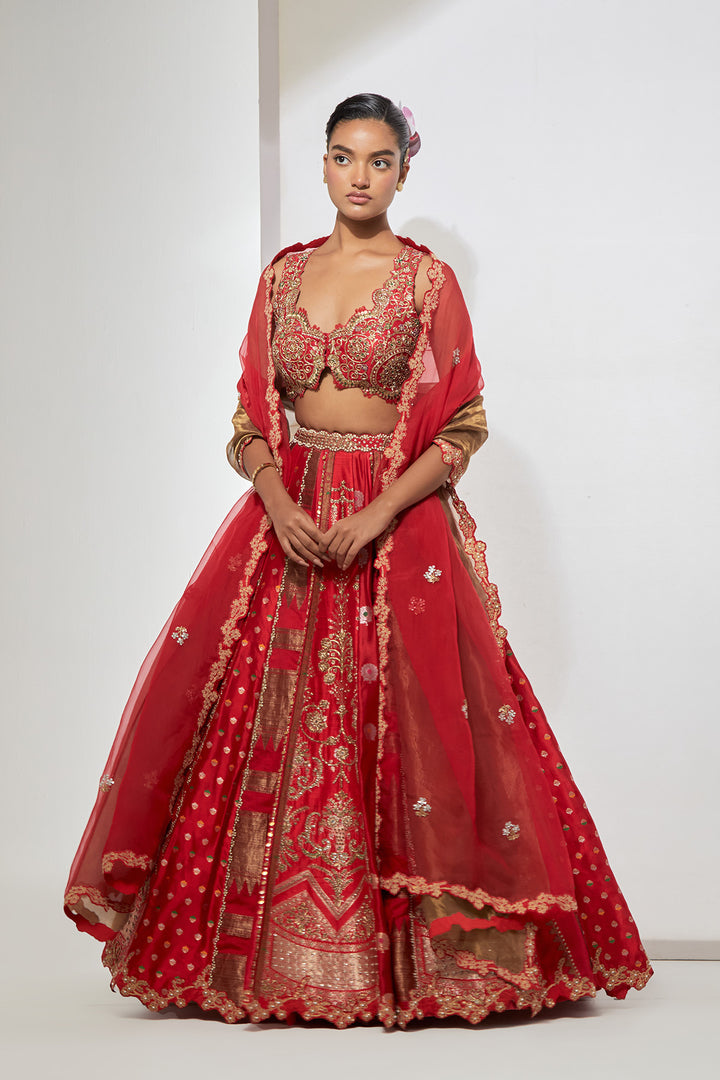 Bridal Red Multi-Panel Banarasi Silk Lehenga Set with Heavy Zardozi Scalloped Blouse
