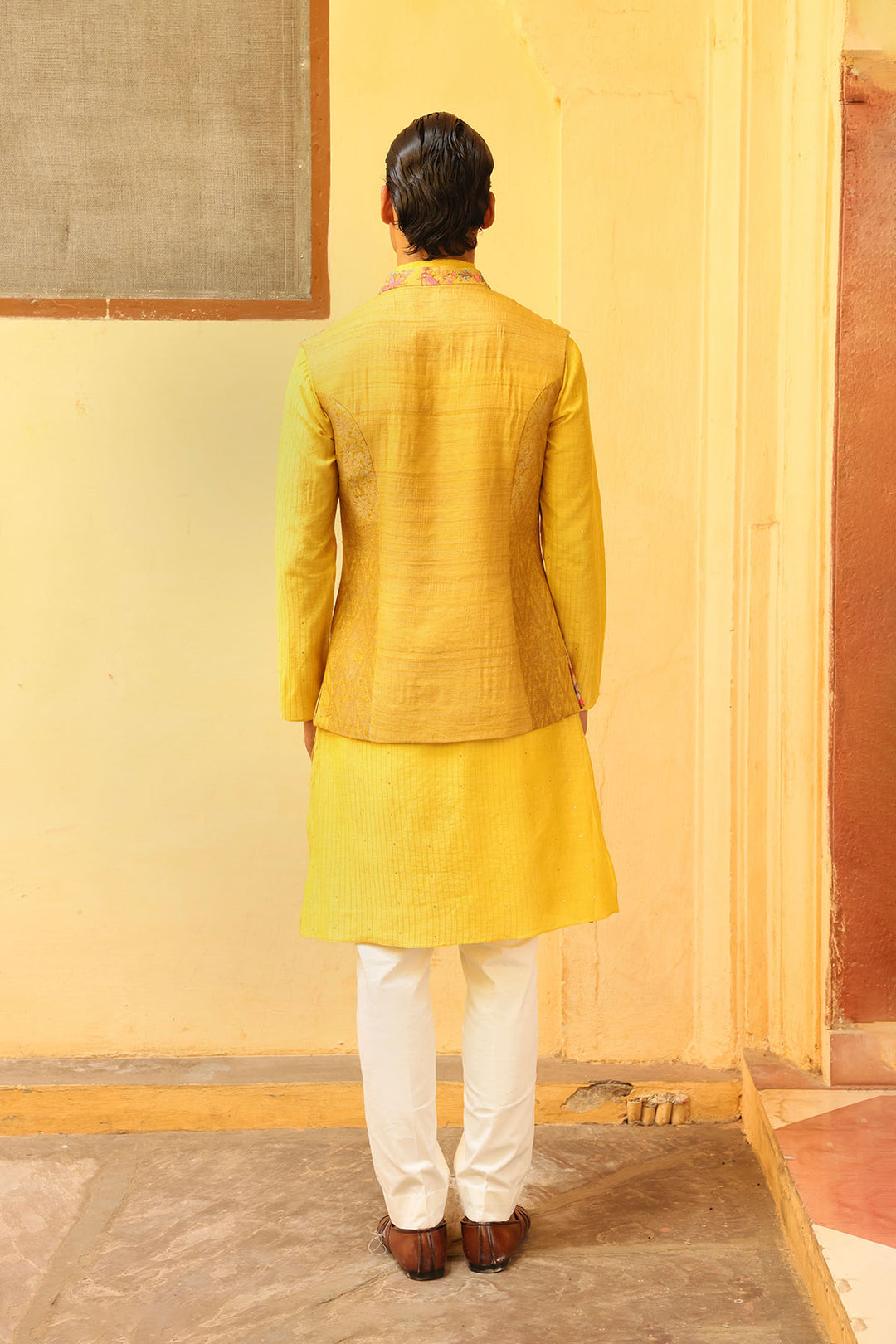 Sunshine Yellow Silk Brocade Jaal Bandi Set