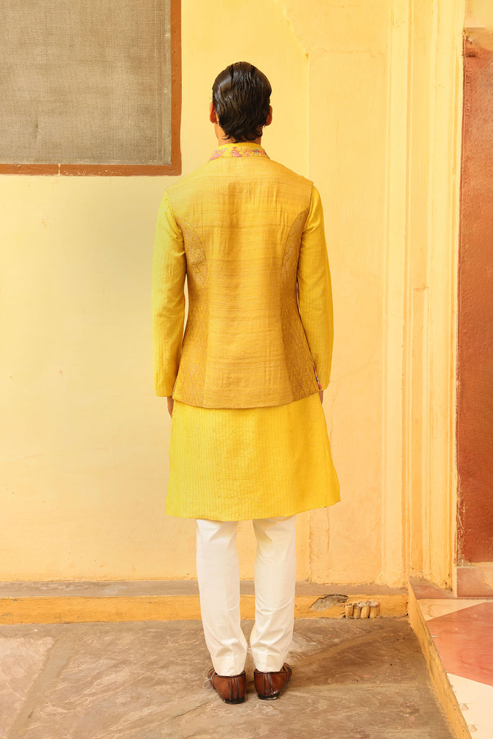 Sunshine Yellow Silk Brocade Jaal Bandi Set