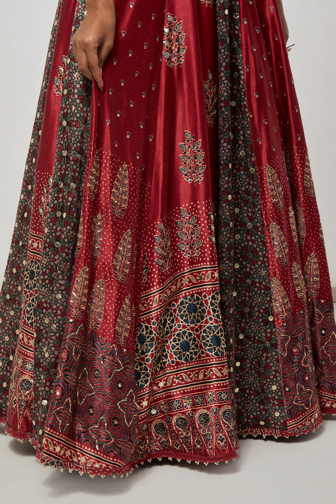 Cherry Red Ajrakh Printed Silk Lehenga Set with 3D Mirror &amp; Gota Heavy Blouse