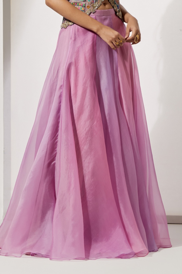 Pastel Patchwork Embroidered Corset+Lavender Plain Organza Flared Skirt