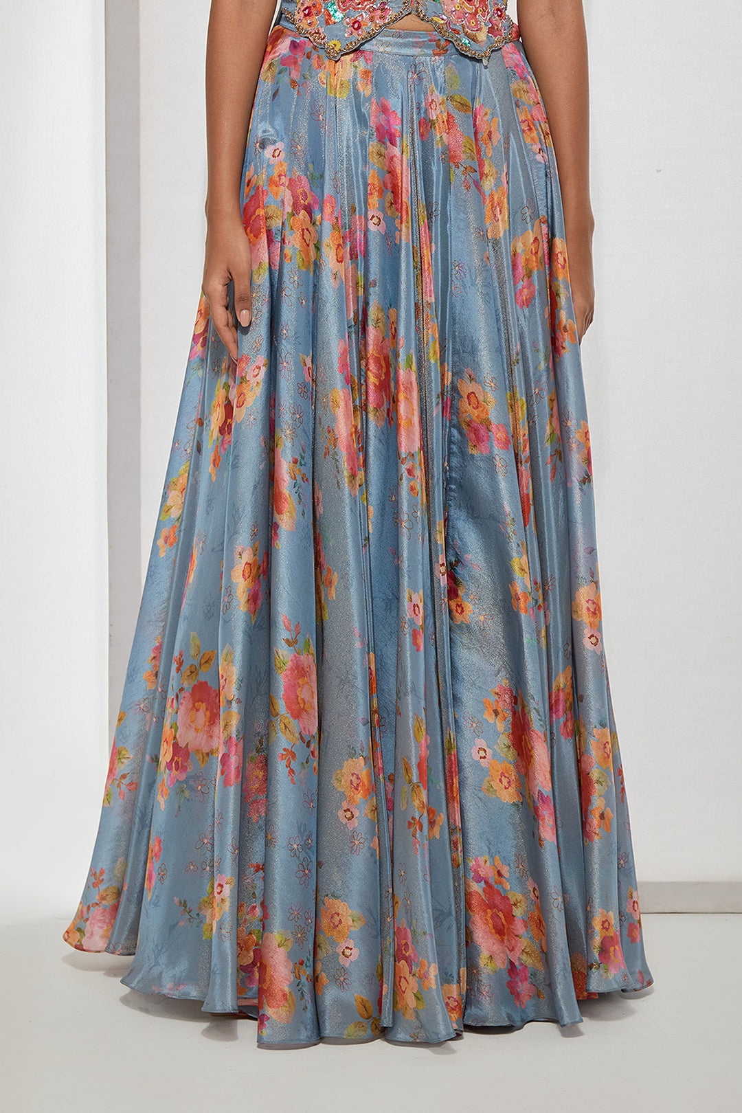 Azure Bloom Embroidered Corset &amp; Printed Skirt Set