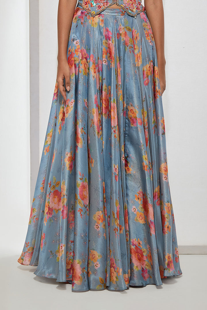 Azure Bloom Embroidered Corset &amp; Printed Skirt Set