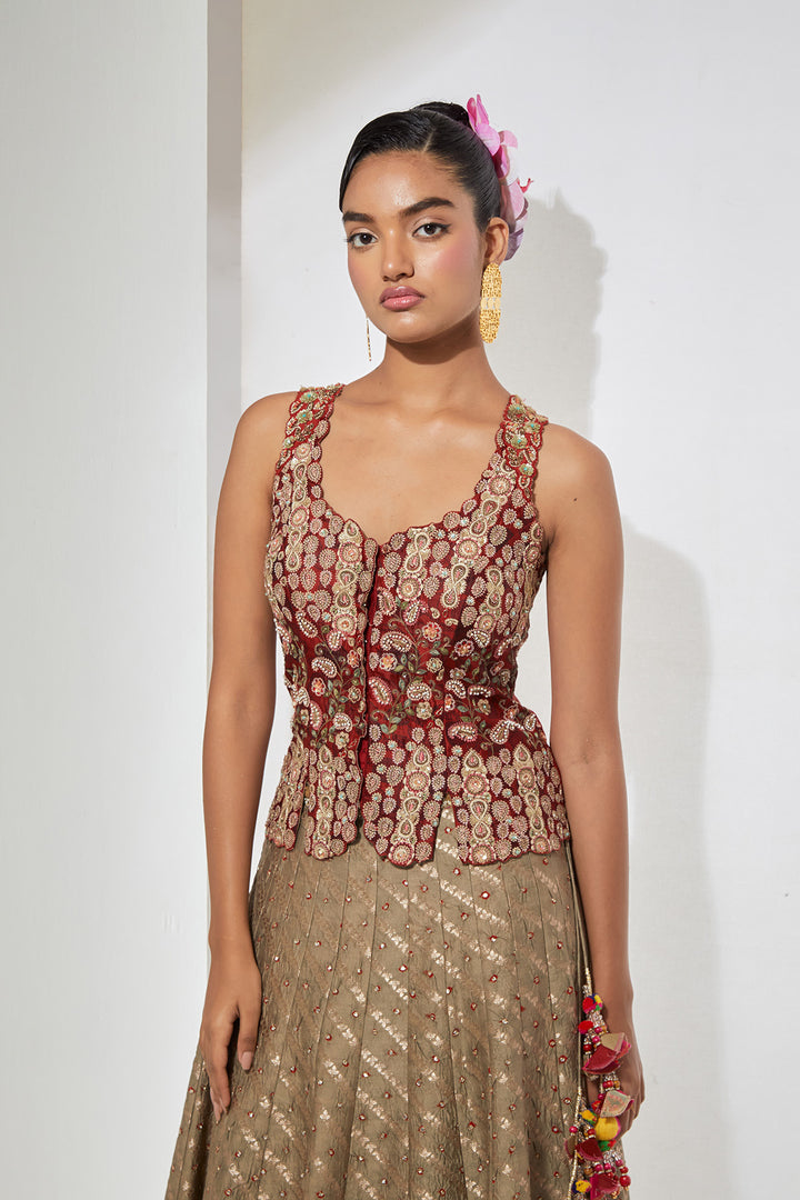 Maroon Embroidered Peplum Corset &amp; Beige Banadni Silk Lehenga