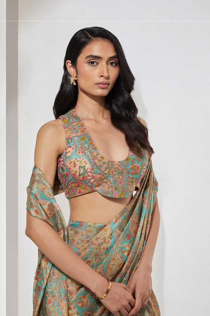 Aqua Paisley Printed Pre-Draped Saree with Corset Blouse