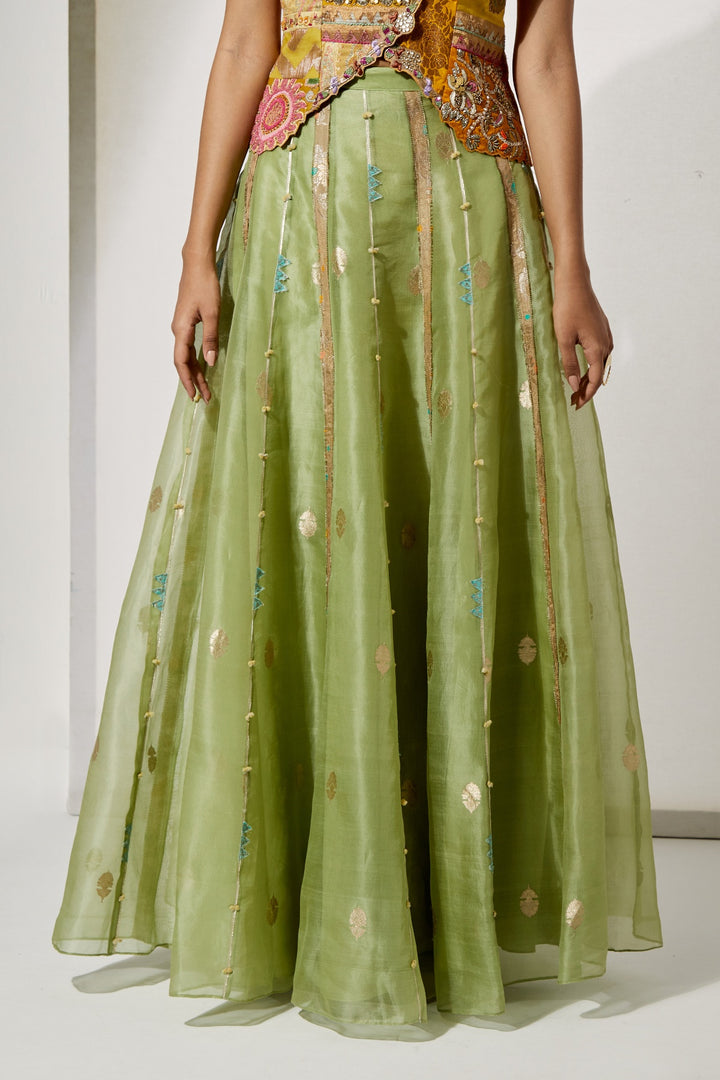 Sunflower Embroidered Corset &amp; Green Organza Skirt Set