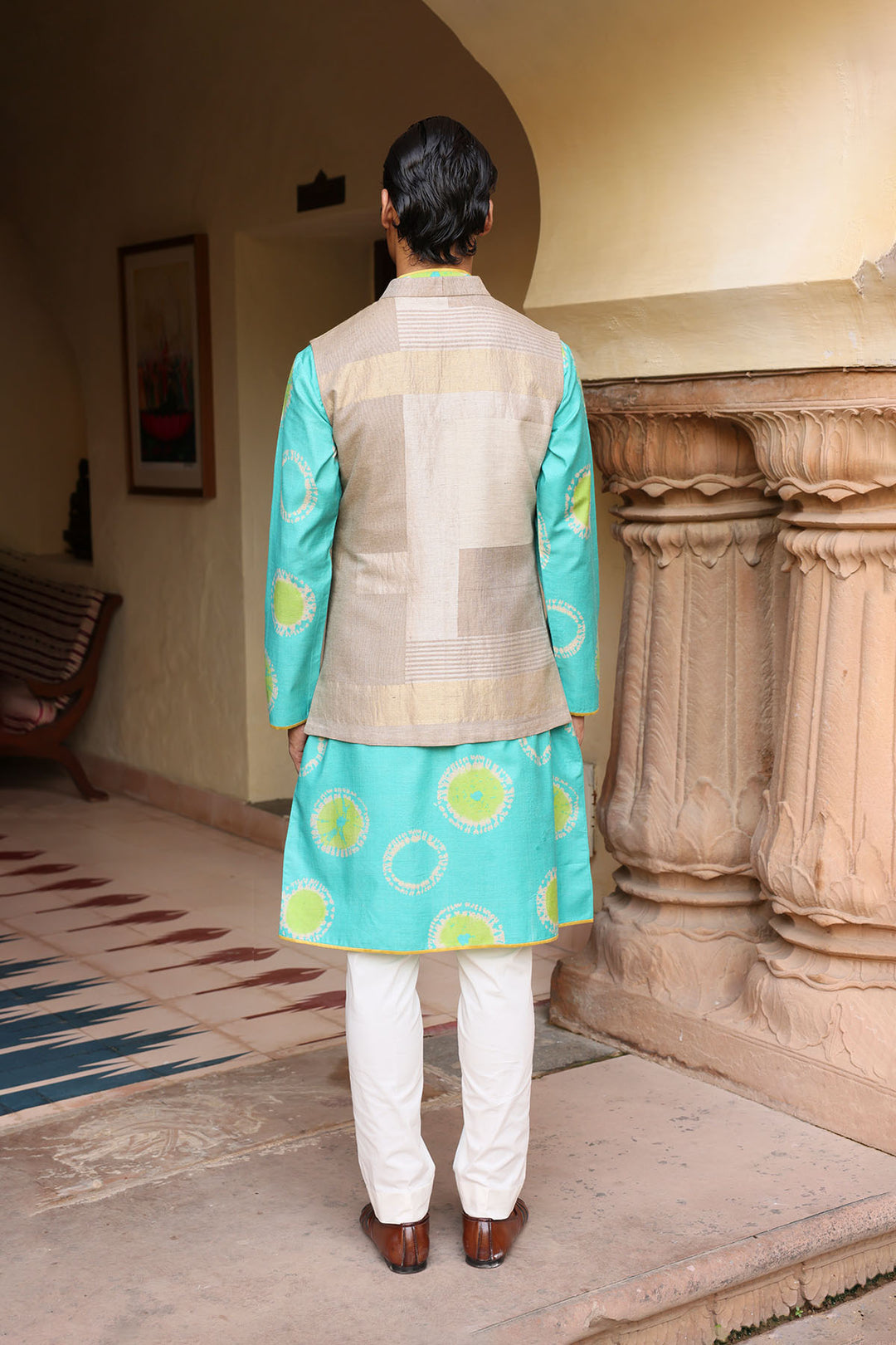Ferozi Silk Kurta Set with Beige Tissue Jacket