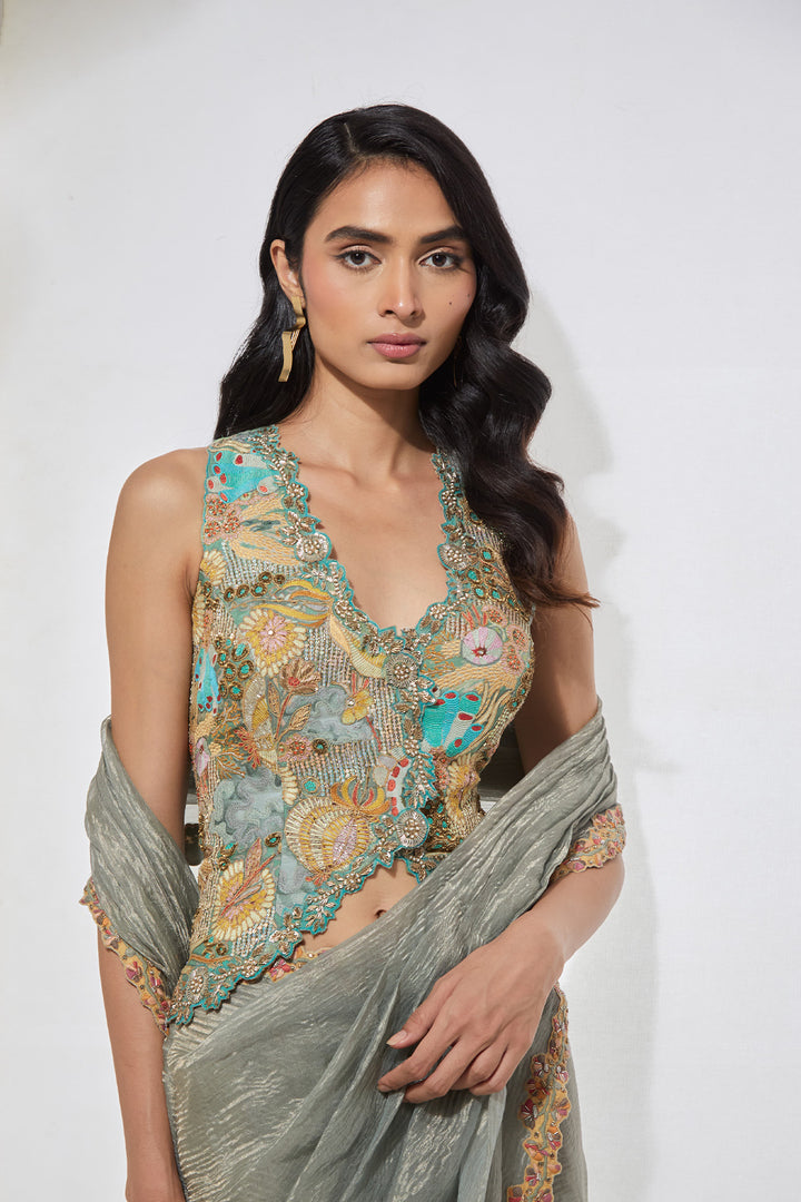 Powder Blue Embellished Pre-Draped Saree with Corset Blouse