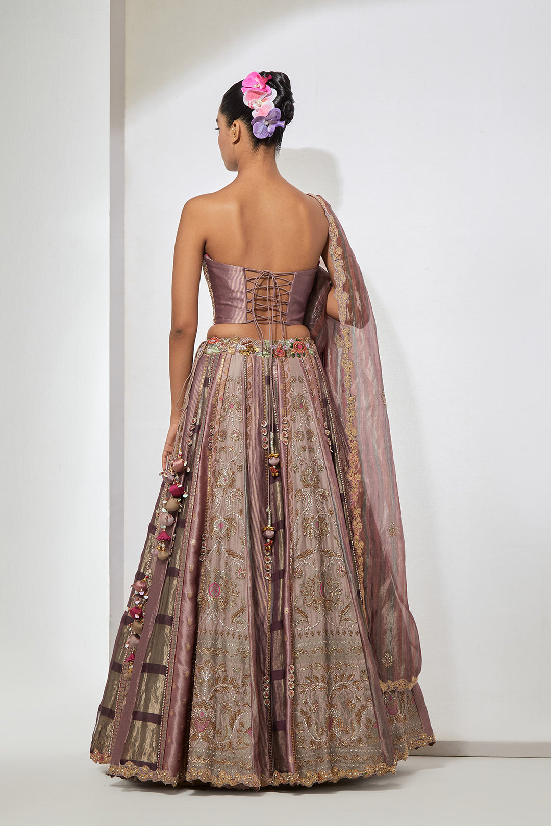 Mauve Blush Multi-Panel silk brocade Lehenga Set with Heavy Hand-Embroidered Corset Blouse