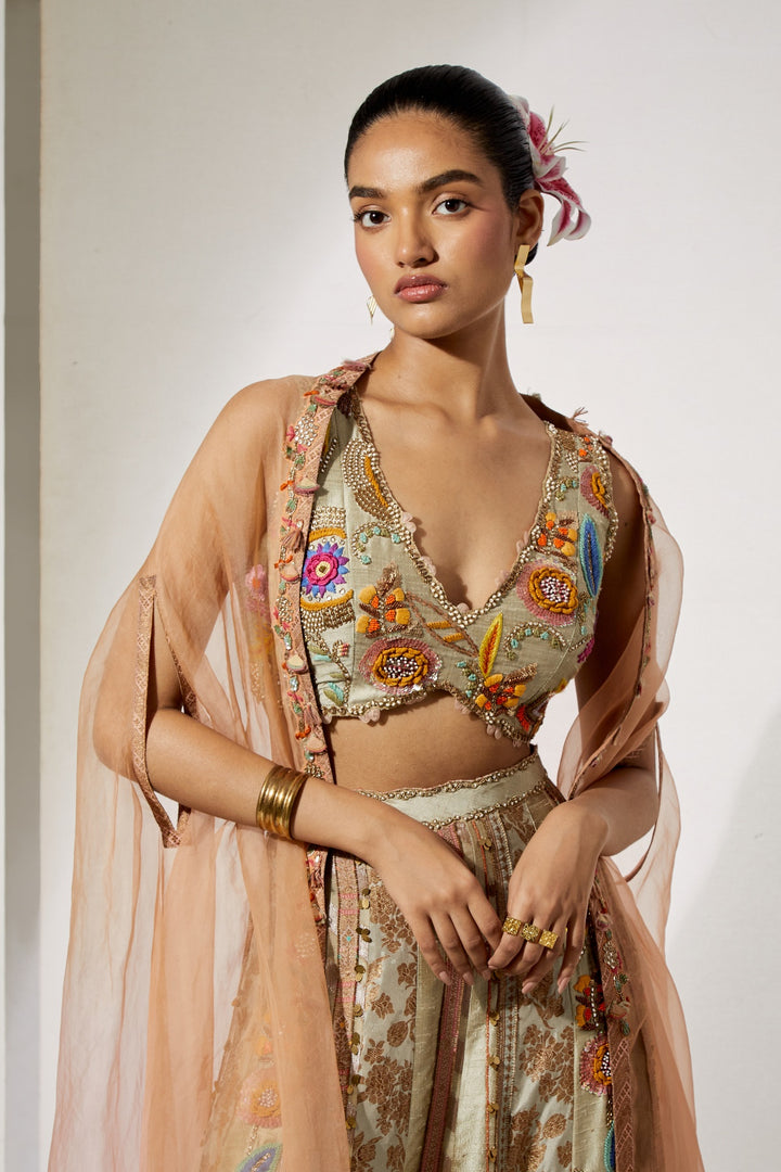 Beige Gold Embroidered Sharara Set with Organza Cape