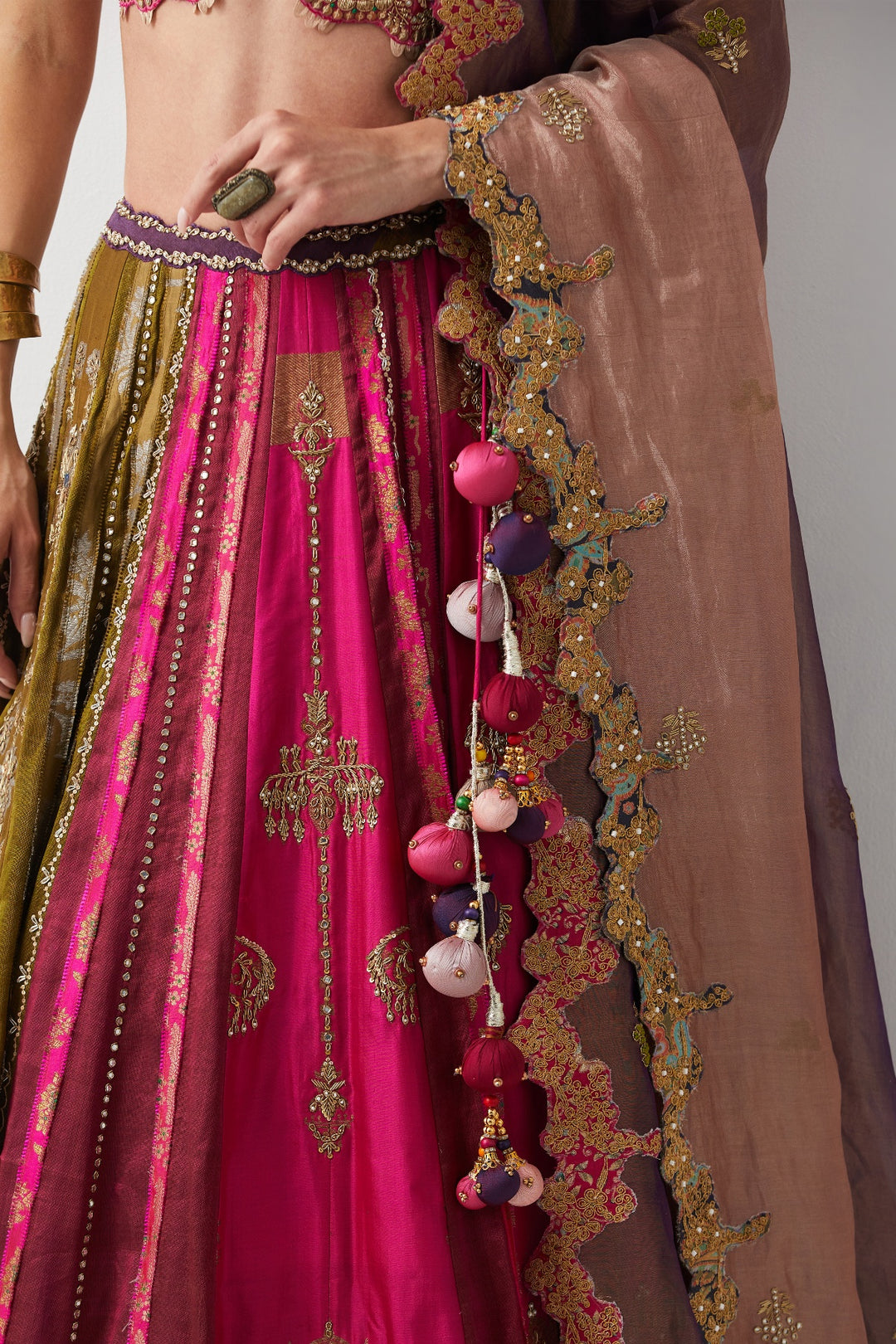Multicolour Tissue &amp; Silk Hand Embroidered Lehenga Set