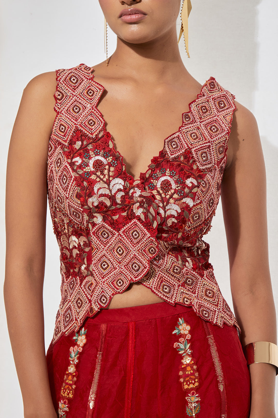 Gulab Crimson Hand-Embroidered Silk Corset &amp; Organza Skirt