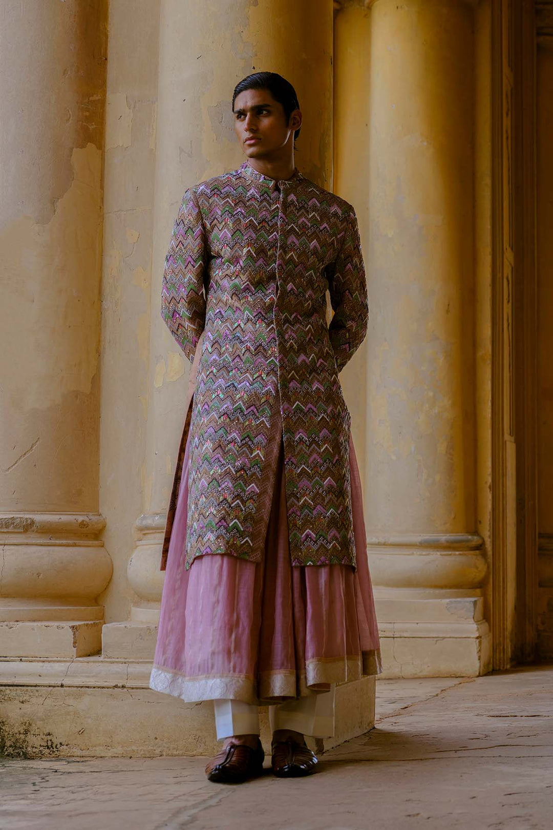 Textured sherwani with layered kurta