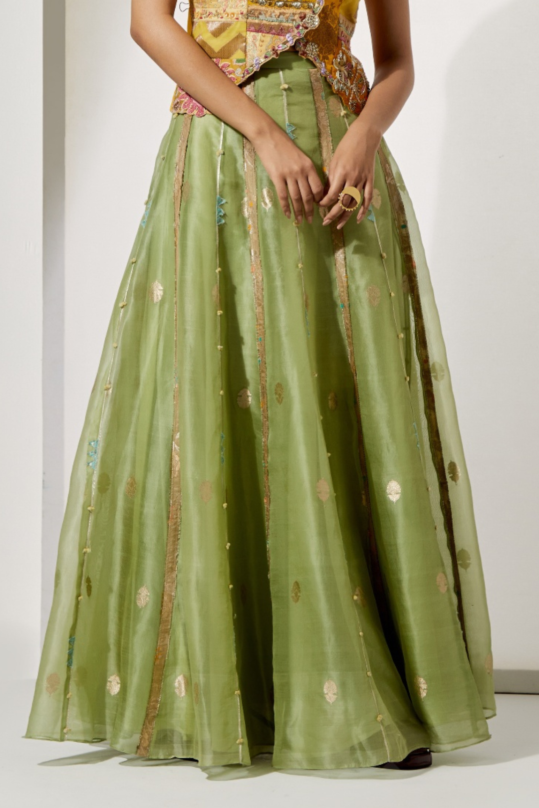 Sunset Patchwork Embroidered Corset+Olive Green Organza Skirt with Vertical Line &amp; Motif Detailing