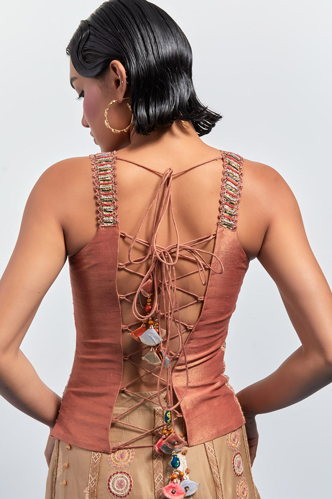 Beige embroidered skirt corset set