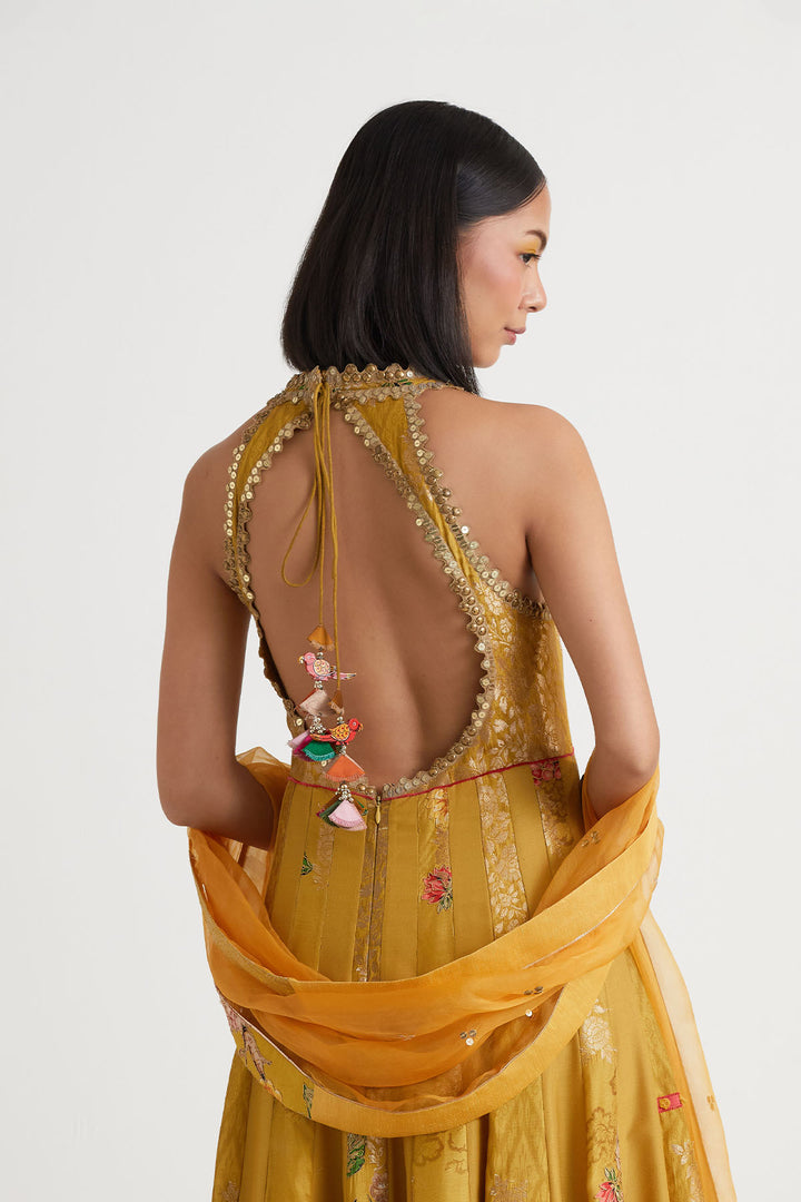 Mustard printed embroidered anarkali with dupatta