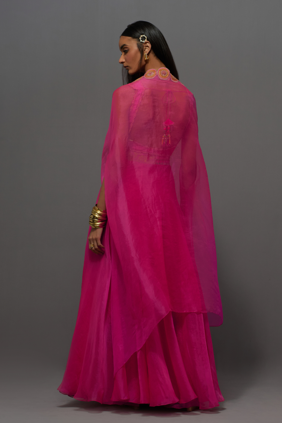 Pink embroidered skirt, cape and blouse set