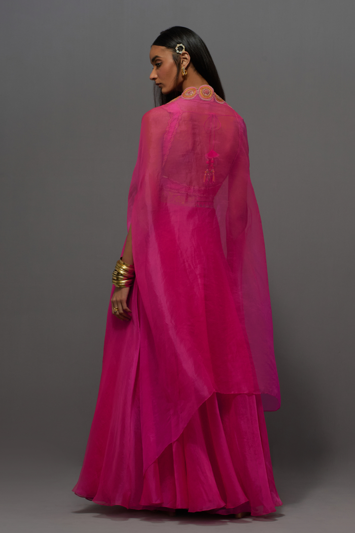 Pink embroidered skirt, cape and blouse set
