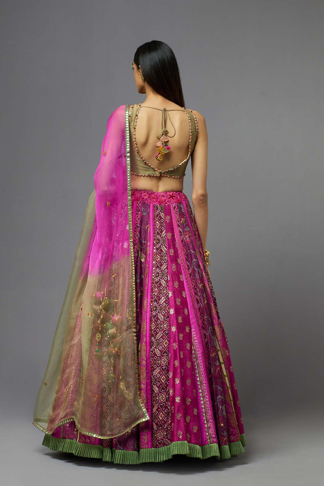 Hot pink Embroidered lehenga set with ombre dupatta
