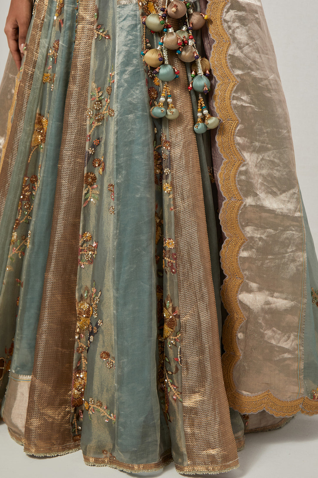 Aqua Floral Embroidered Lehenga Set with Bralette Blouse &amp; Dupatta