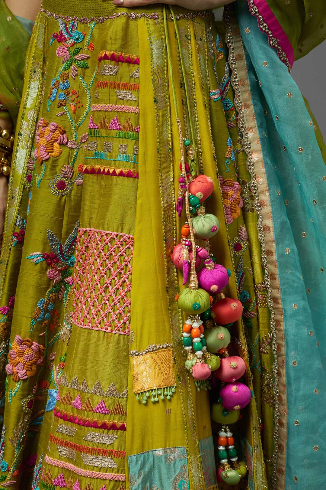 Multicolour sleeveless lehenga set with ombre dupatta