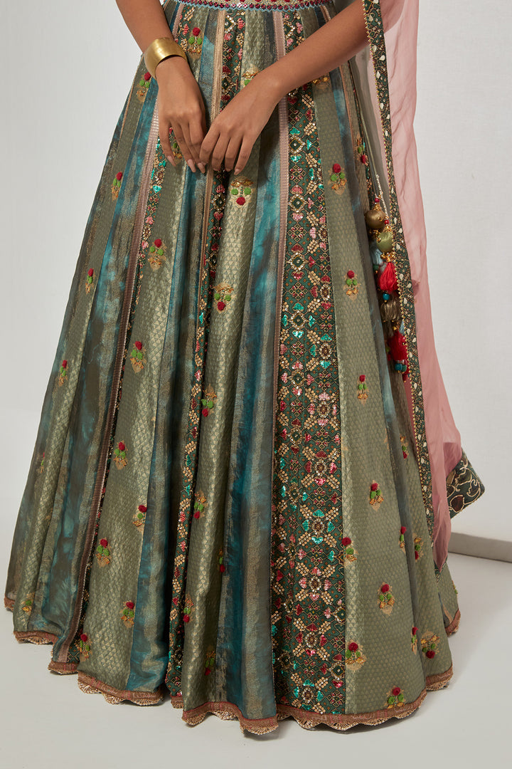 Turquoise Embroidered Lehenga Set with Ombre Dupatta