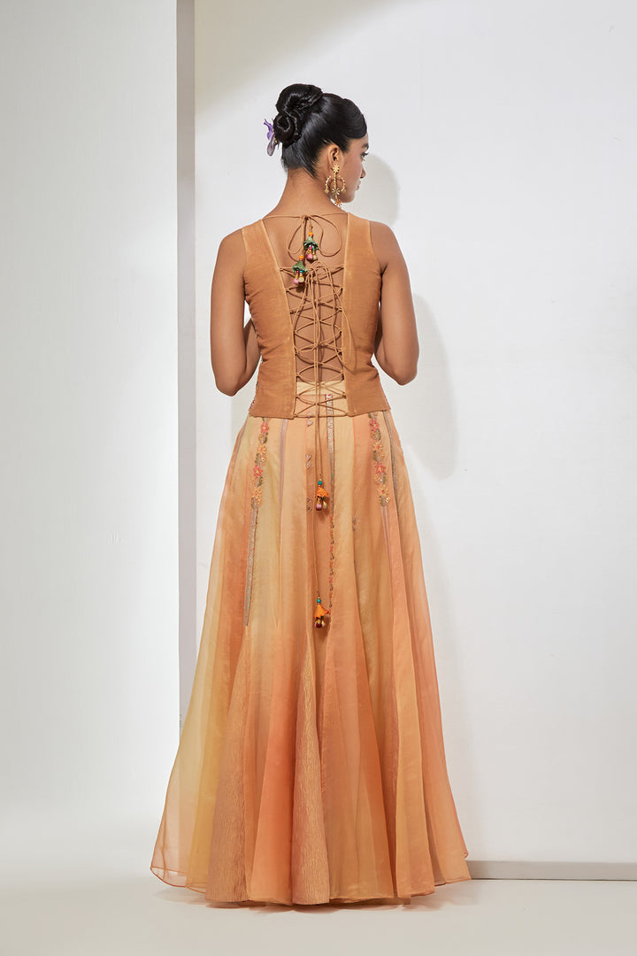 Meher Hand-Embroidered Silk Corset &amp; Organza Skirt Set