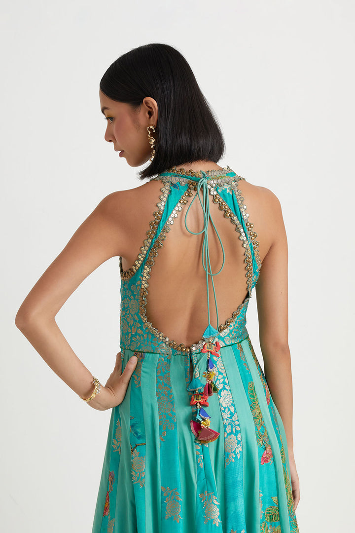 Aqua printed embroidered anarkali with dupatta