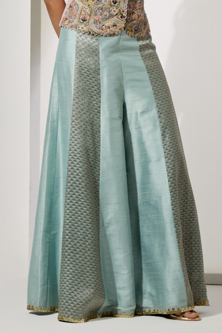 Pastel Patchwork Embroidered Corset+Powder Blue Panelled Sharara with Geometric Weave