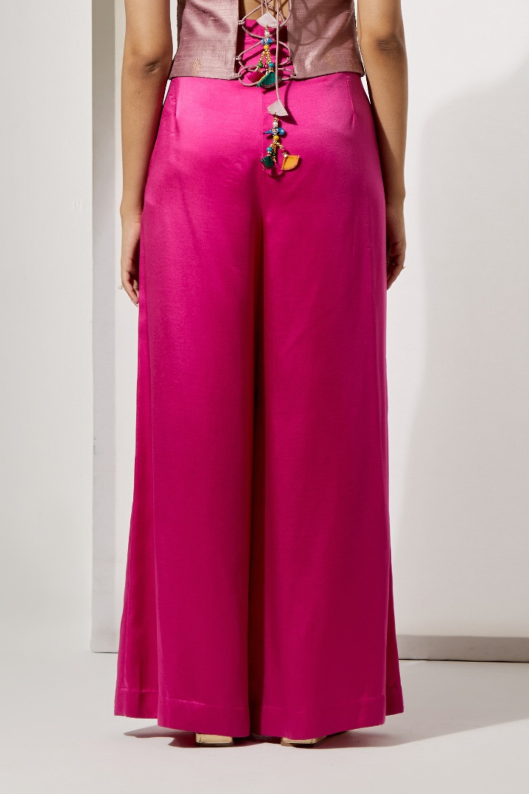 Multicolor Garden Embroidered Corset+Fuchsia High-Waist Pleated Palazzo Pants