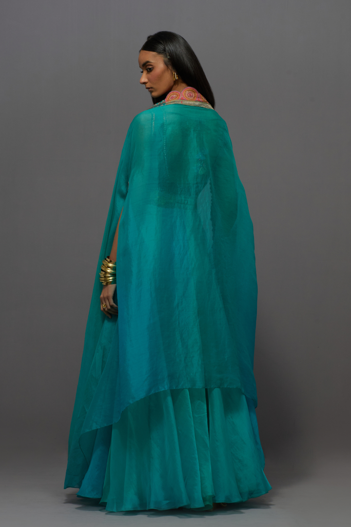 Turquoise blue embroidered skirt, cape and blouse set