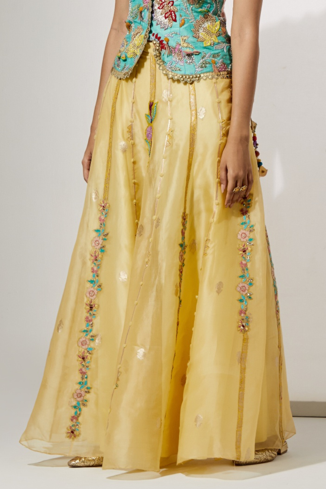 Yellow Organza Skirt with Floral Thread Embroidery+Mustard Patchwork Embroidered Corset Vest