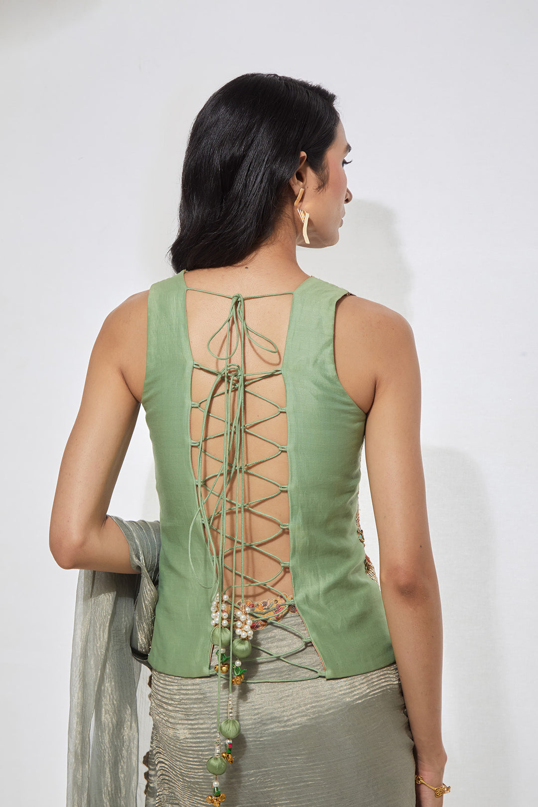 Powder Blue Embellished Pre-Draped Saree with Corset Blouse