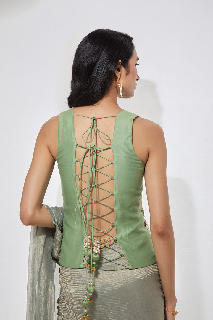 Powder Blue Embellished Pre-Draped Saree with Corset Blouse