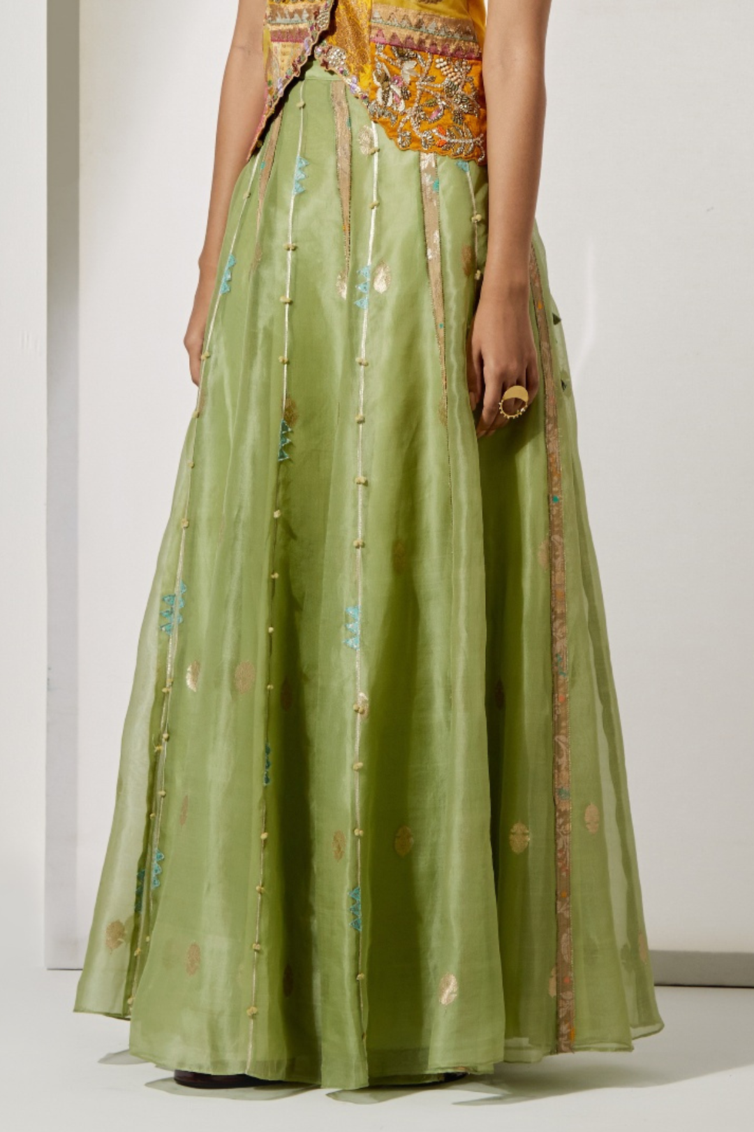 Sunset Patchwork Embroidered Corset+Olive Green Organza Skirt with Vertical Line &amp; Motif Detailing