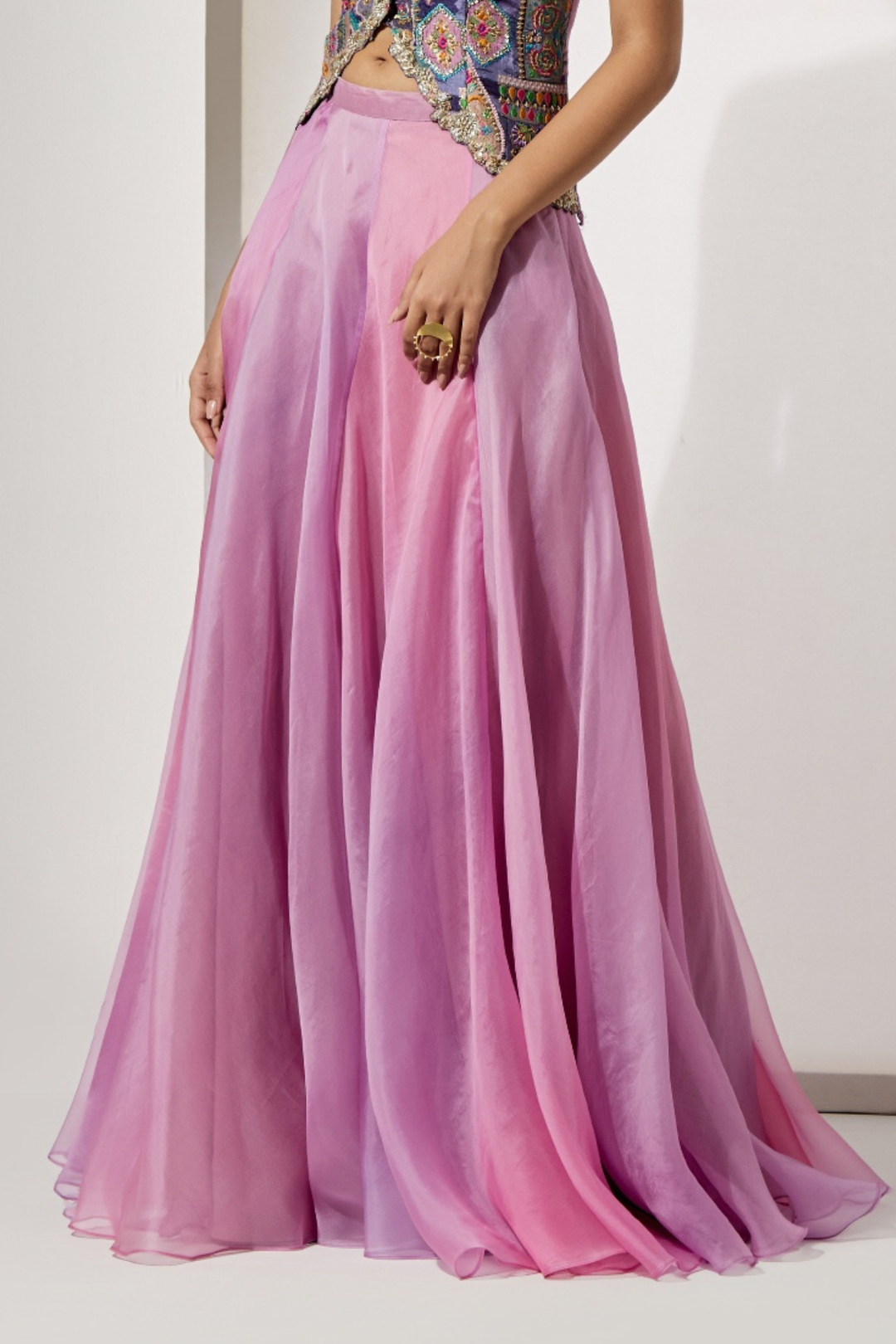 Pastel Patchwork Embroidered Corset+Lavender Plain Organza Flared Skirt