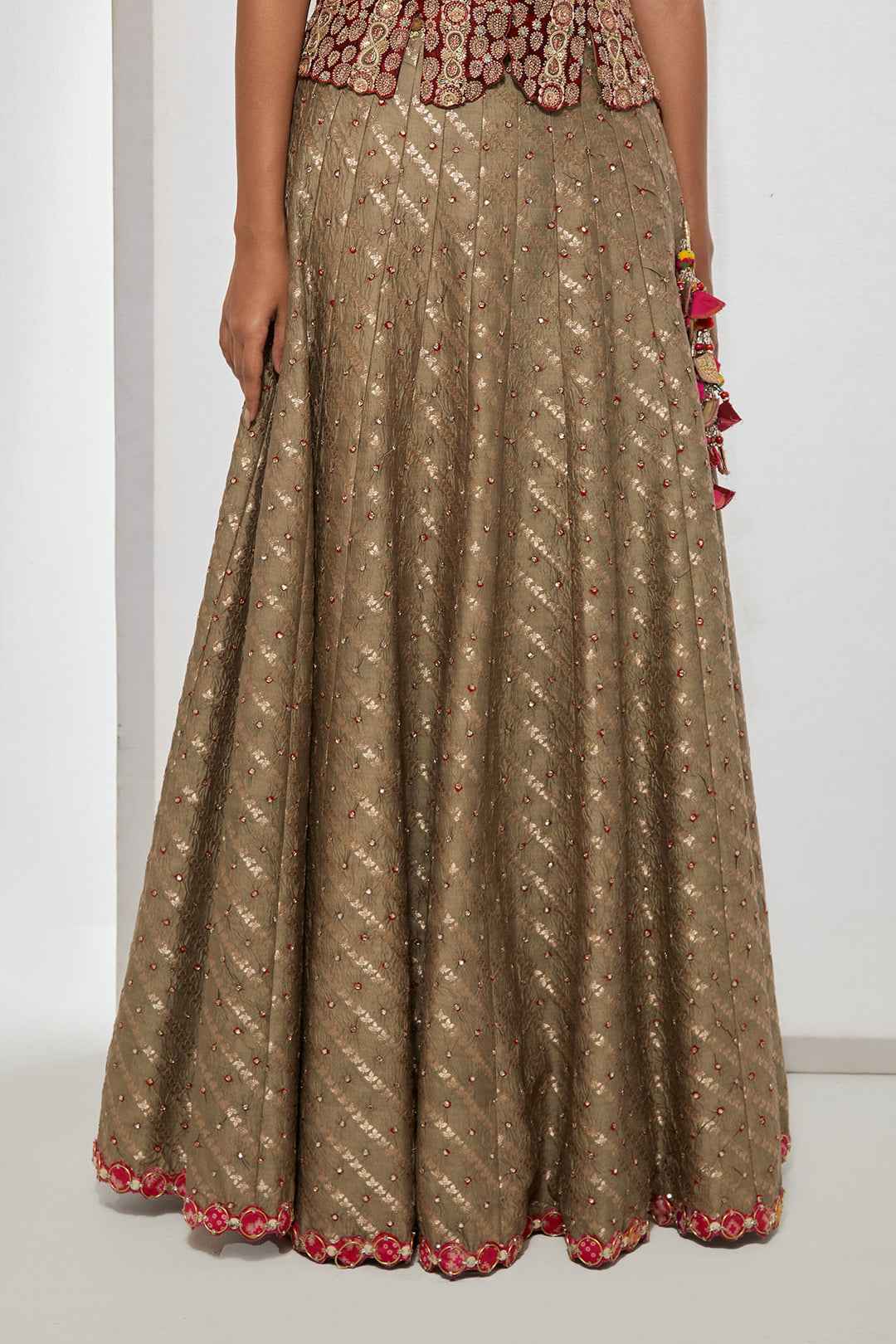 Maroon Embroidered Peplum Corset &amp; Beige Banadni Silk Lehenga