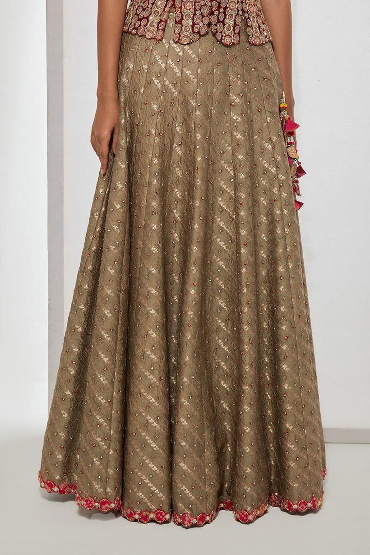 Maroon Embroidered Peplum Corset &amp; Beige Banadni Silk Lehenga