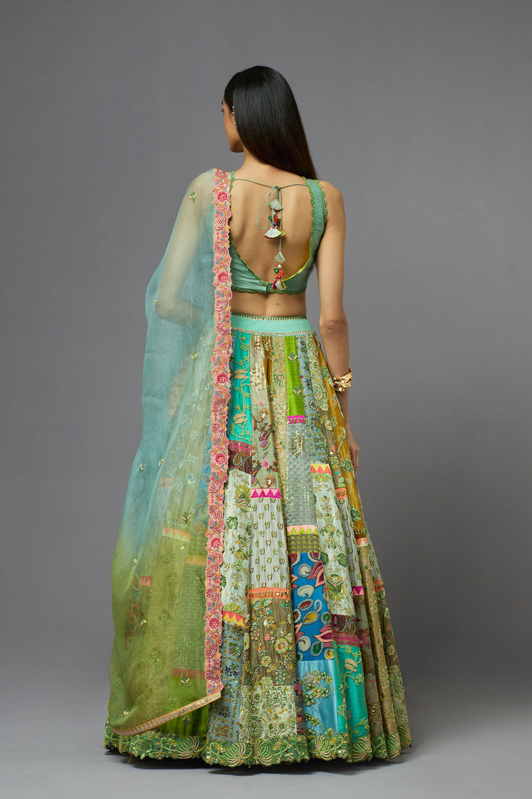 Multicolour panelled lehenga set with dupatta