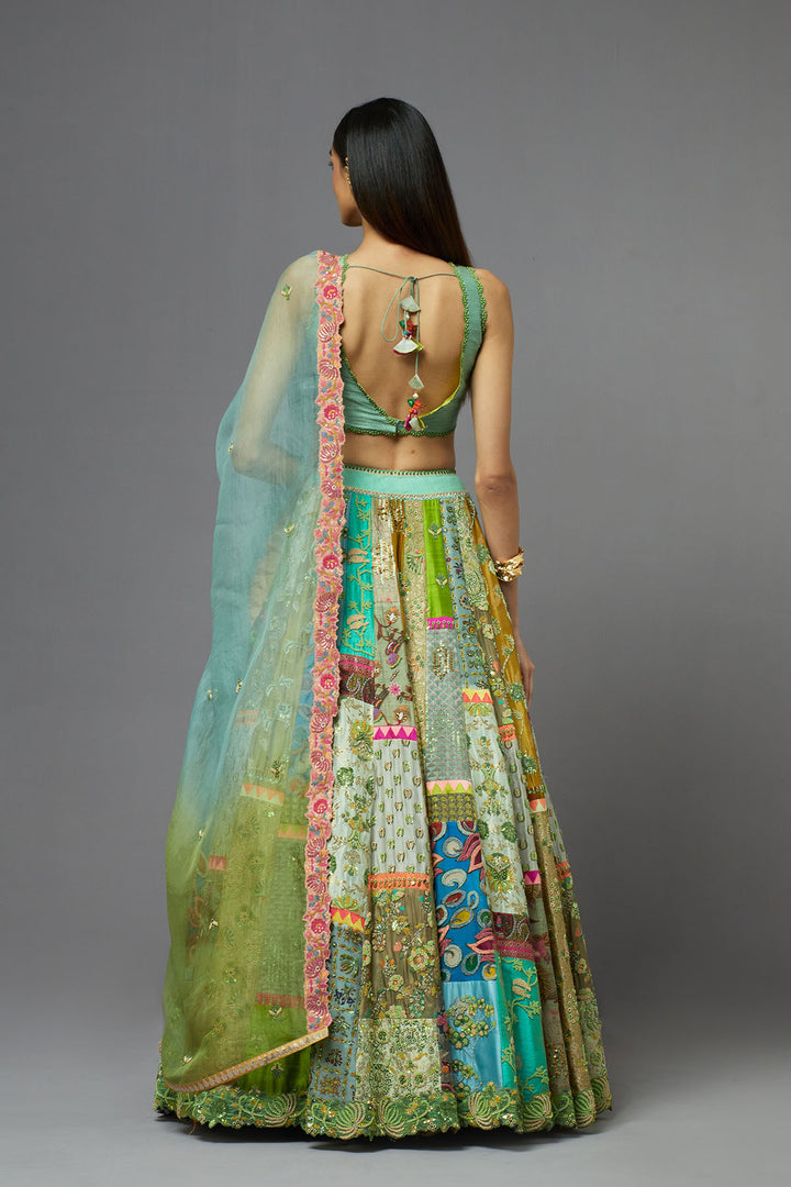 Multicolour panelled lehenga set with dupatta