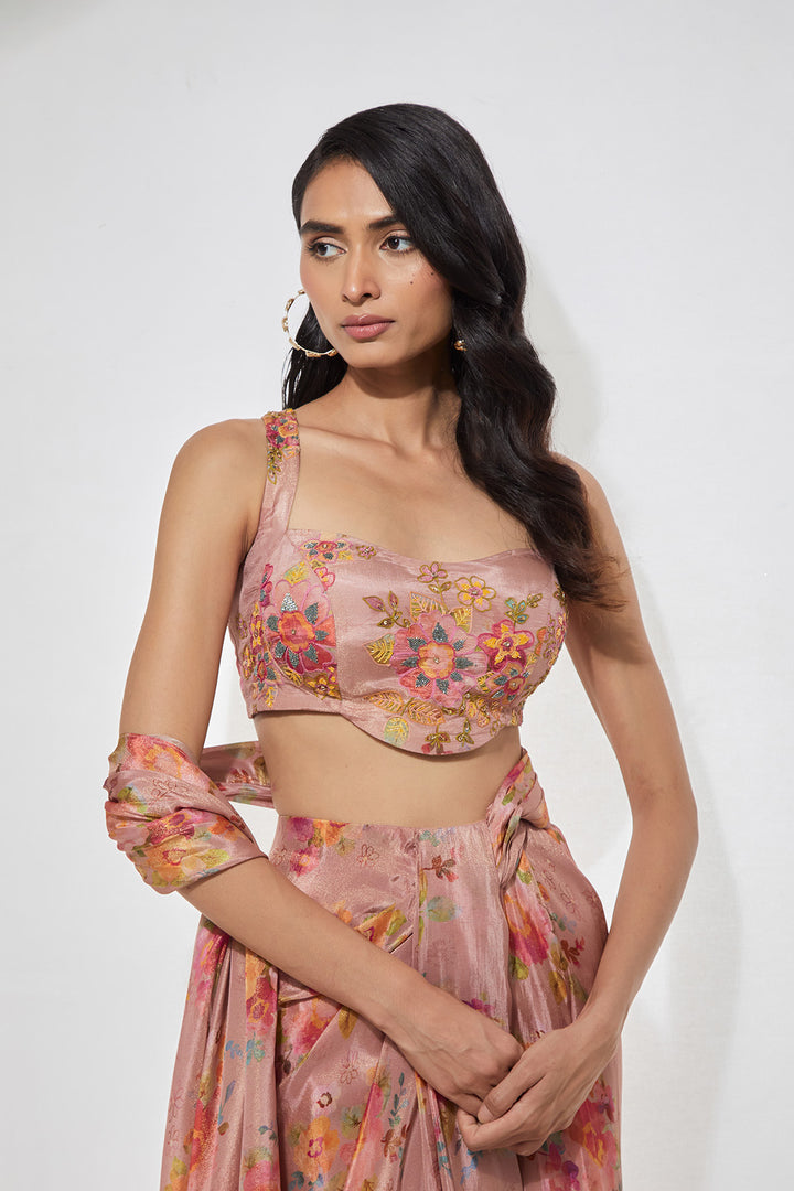 Blush Pink Floral Printed Pre-Draped Saree with Corset Blouse