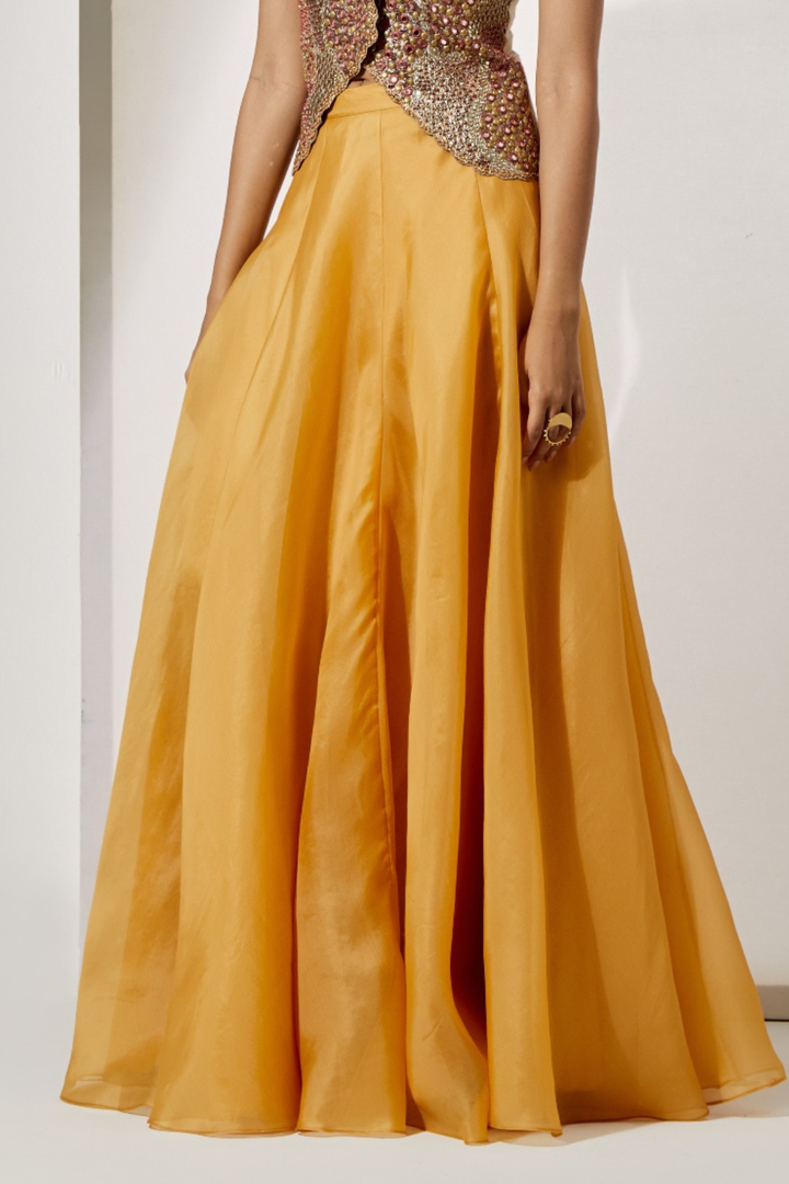 Sunset Patchwork Embroidered Corset+Mustard Yellow Plain Organza Flared Skirt