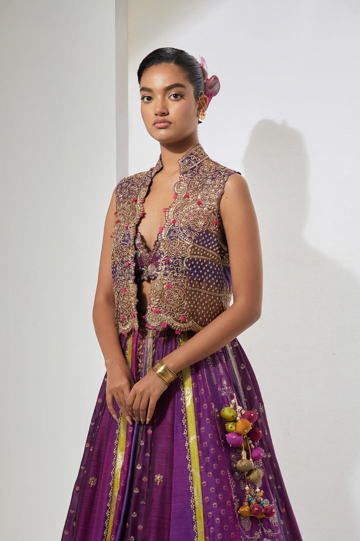 Purple Embroidered Lehenga Set with Embellished Jacket
