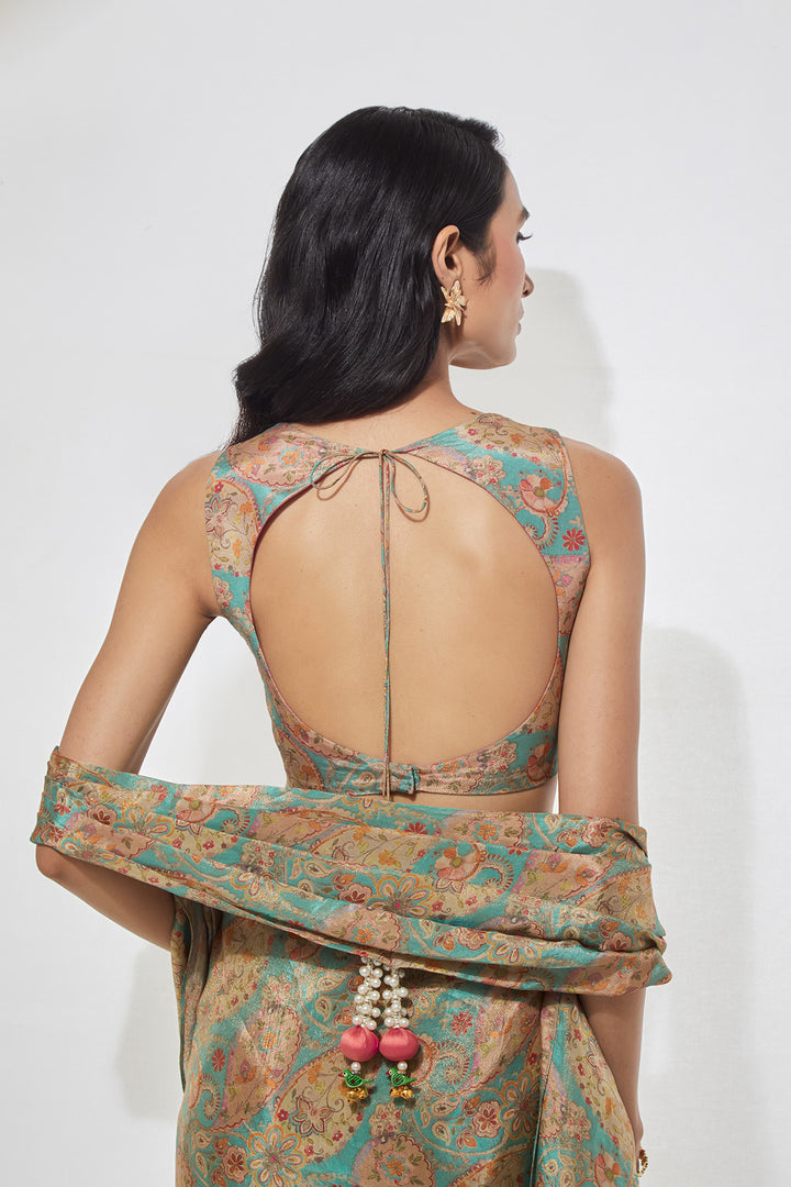 Aqua Paisley Printed Pre-Draped Saree with Corset Blouse