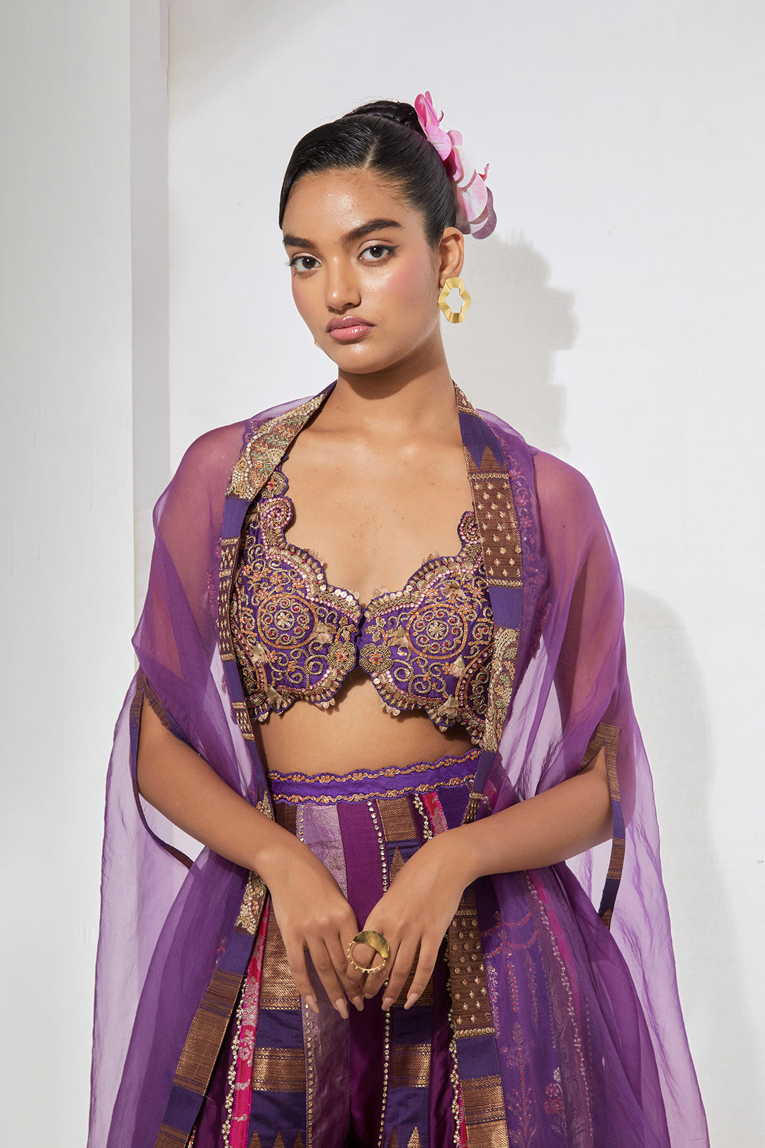 Wine Embroidered Bralette Lehenga Set with Organza Dupatta