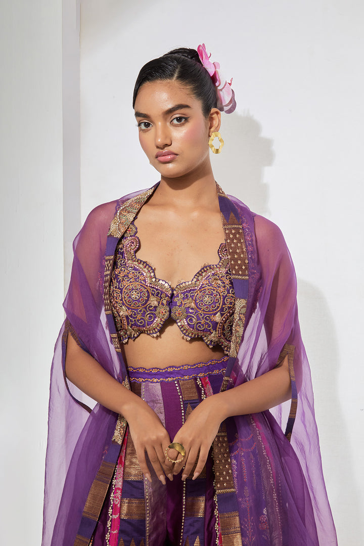 Wine Embroidered Bralette Lehenga Set with Organza Dupatta