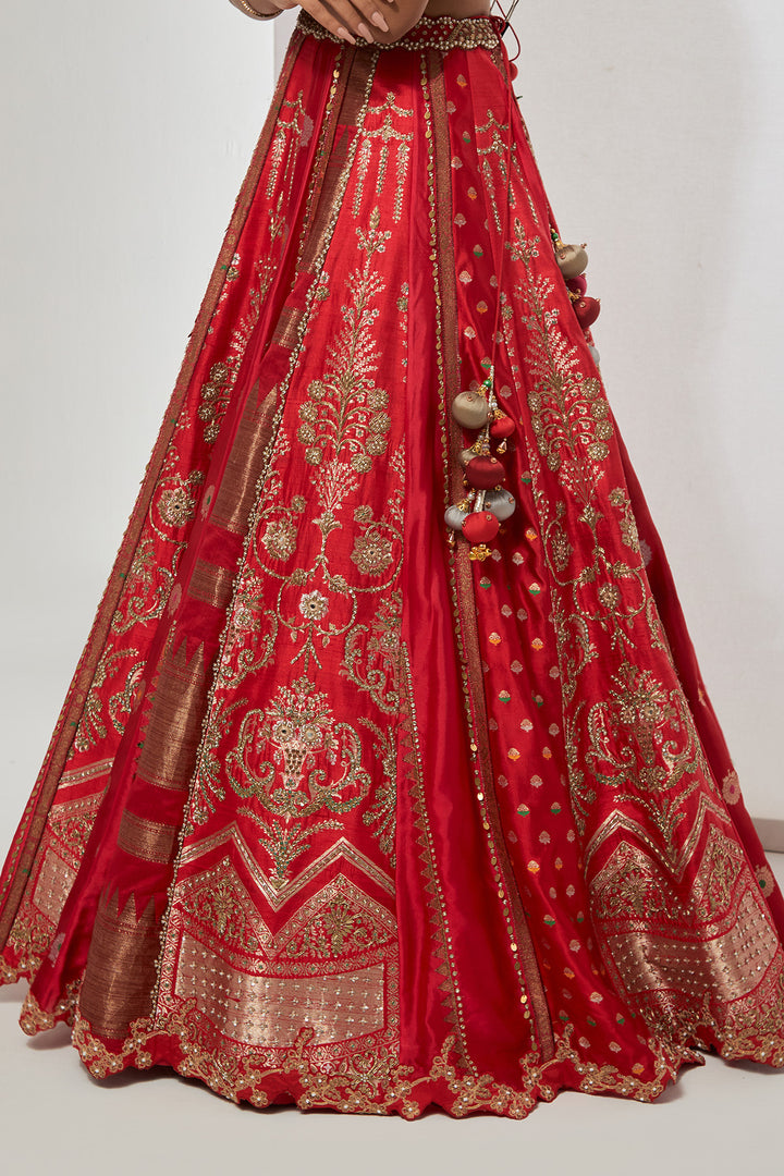 Bridal Red Multi-Panel Banarasi Silk Lehenga Set with Heavy Zardozi Scalloped Blouse