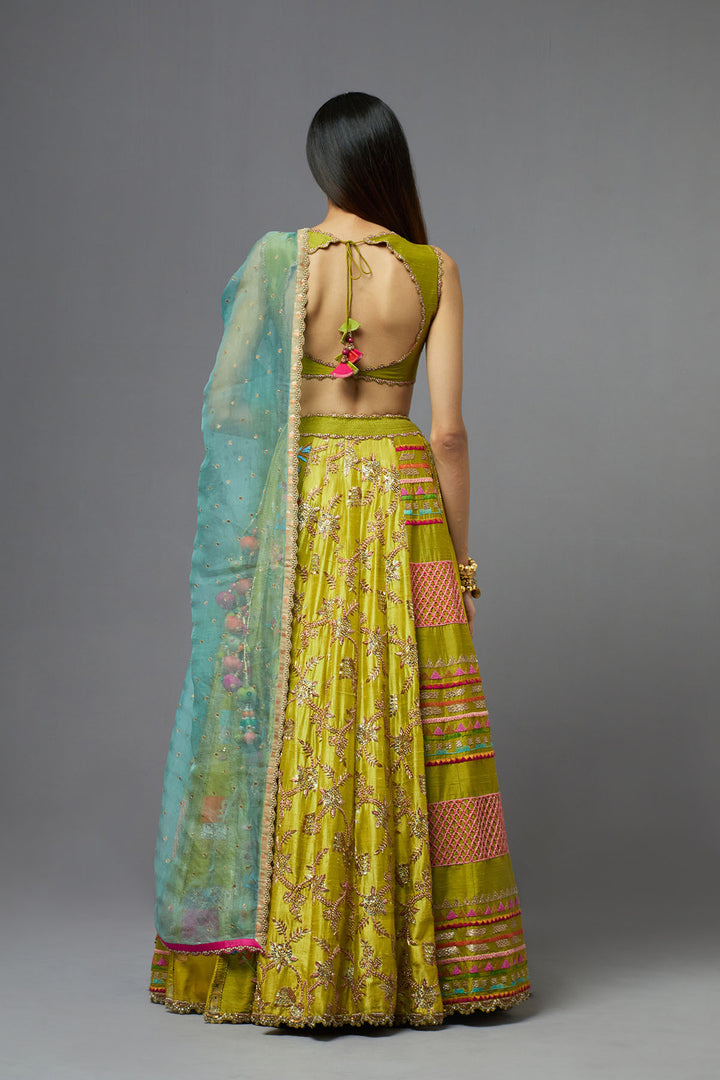 Multicolour sleeveless lehenga set with ombre dupatta