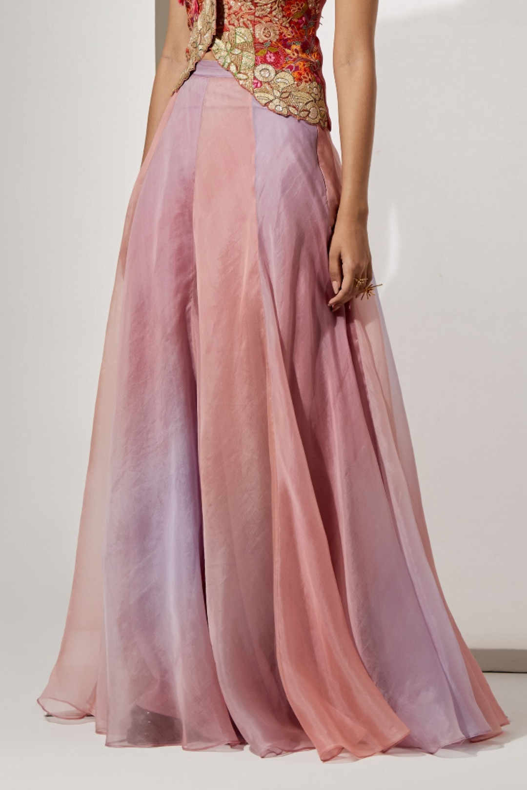 Bronze Ornate Embroidered Corset+Ombre Organza Flared Skirt in Lavender-Peach